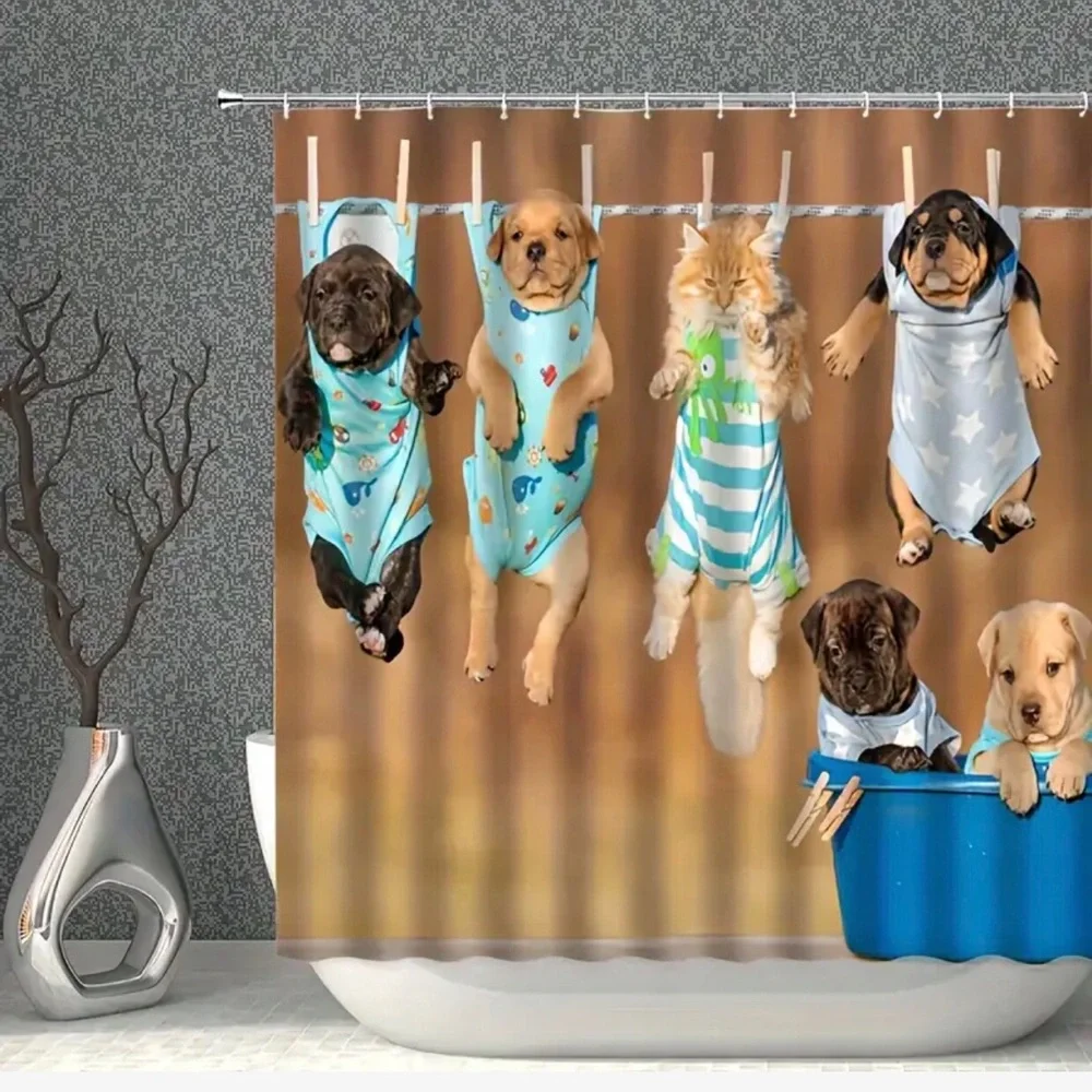 Hanging Puppies & Kitten Novelty Shower Curtain